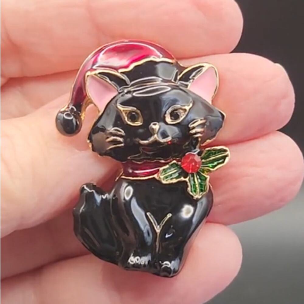 Christmas Cat Brooch Black Kitten Enamel Festive Kitty